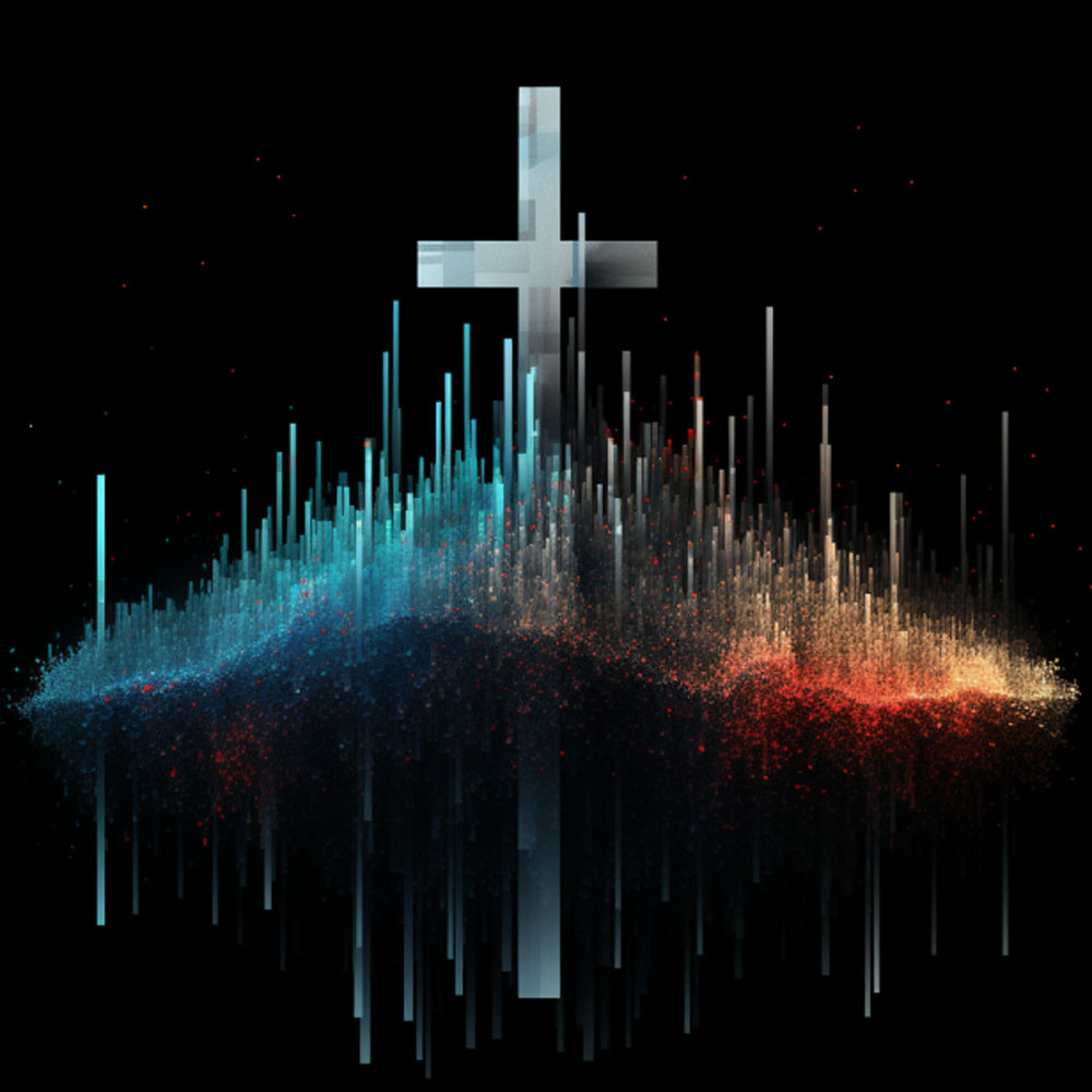 An abstract data visualization transforming into the old rugged cross