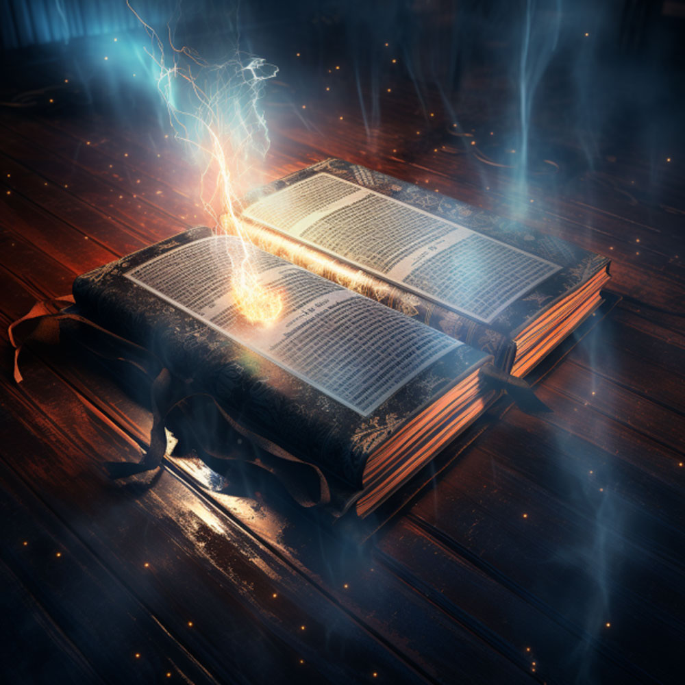 An old hymnal with glowing futuristic light emanating from it