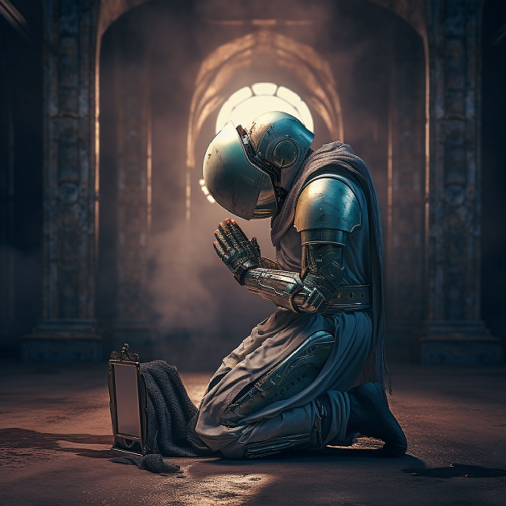 Android kneeling in prayer with head bowed