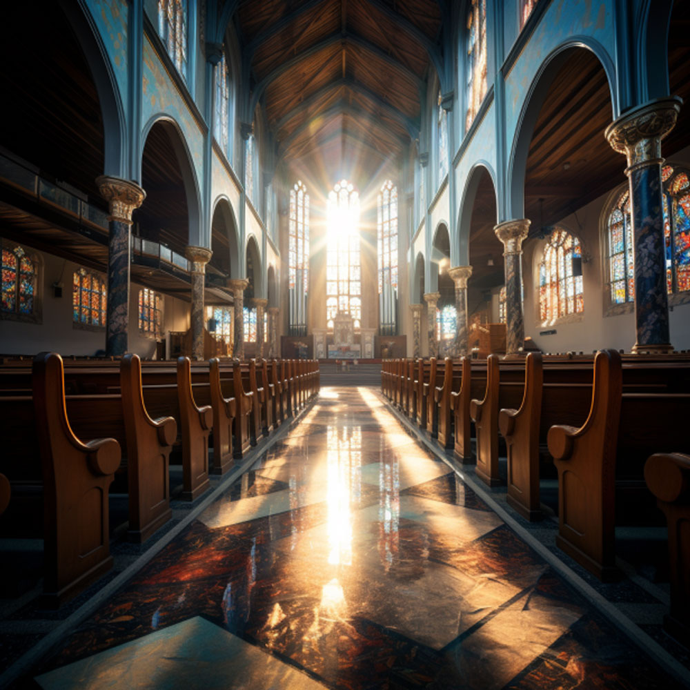 Church sanctuary with rays of light streaming through stained glass windows