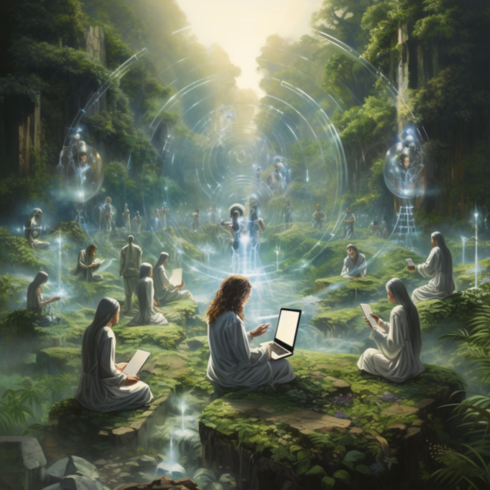 Figures worshipping surrounded by technology integrated with nature