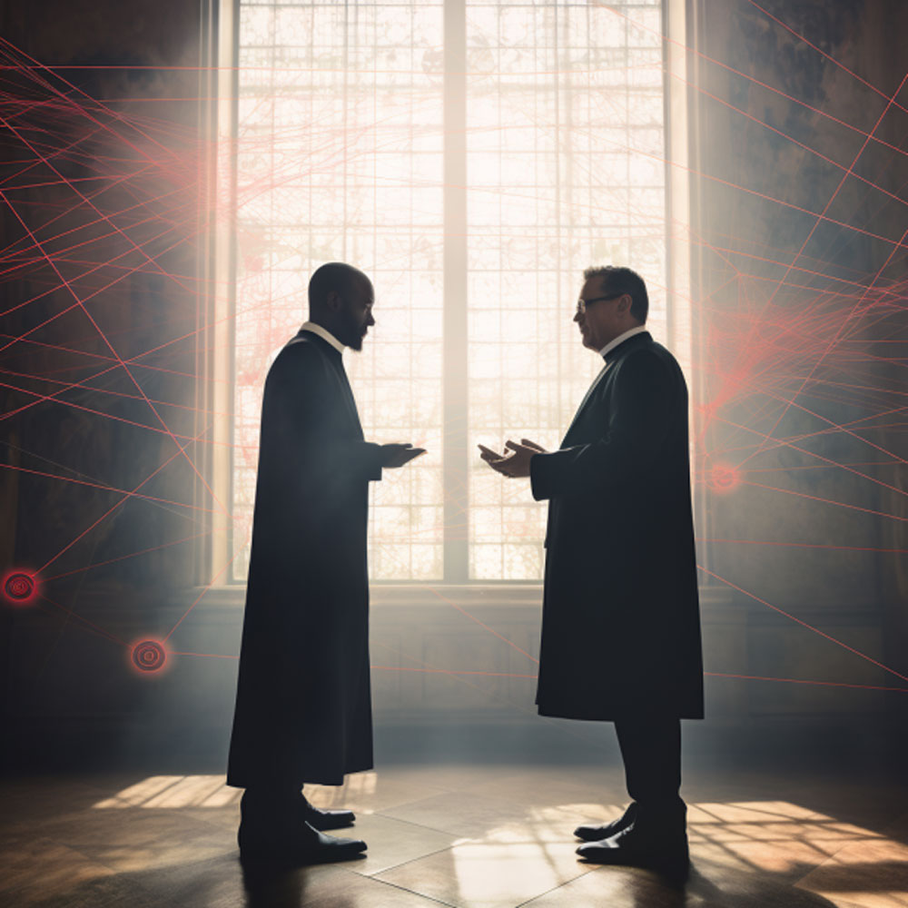 Silhouettes of two clergy talking with digital connections flowing between them