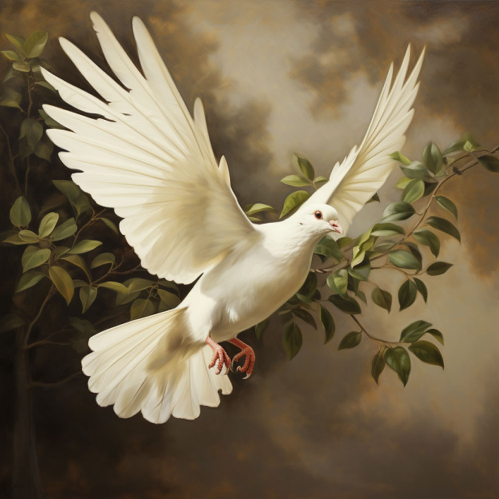 White dove flying while carrying an olive branch